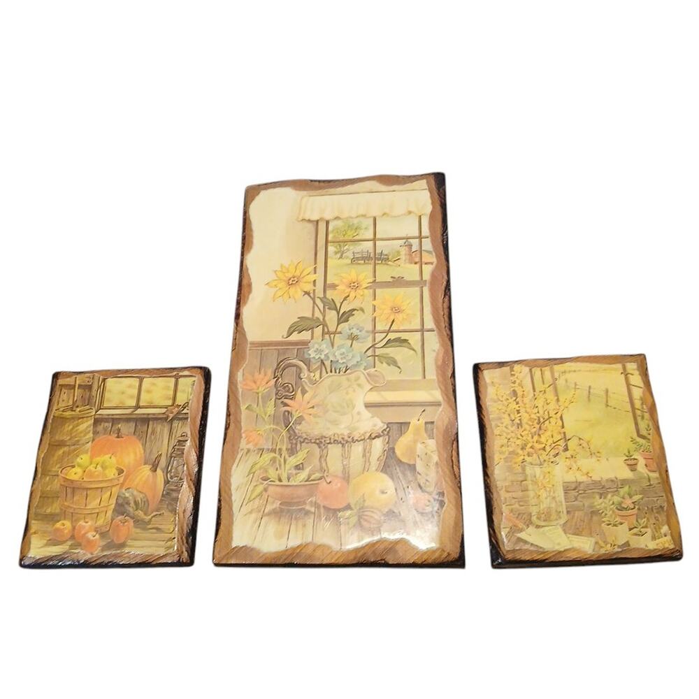 Vtg Wood Fall Harvest Floral Wall Art Plaques Country Farmhouse Cottage Set of 3